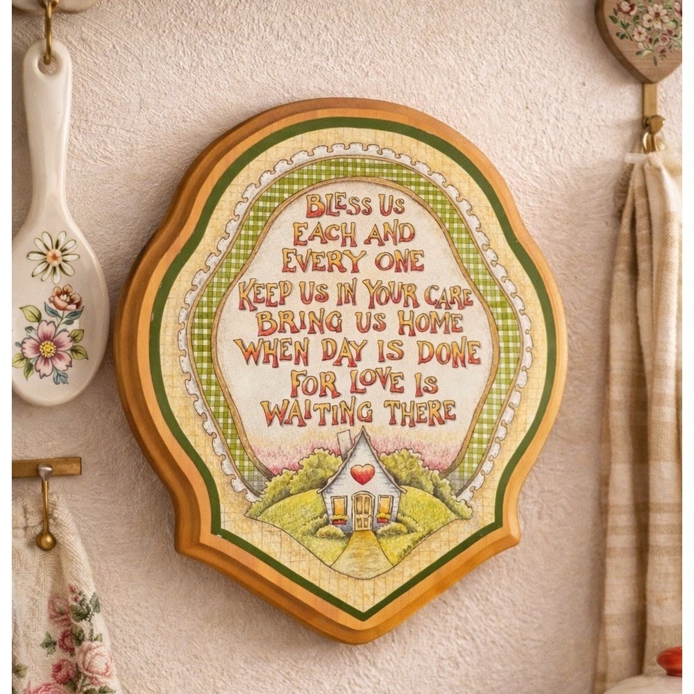 Wall Hanging Plaque "Bless This House" Japan Wood Vintage 1960's Hand 9x10.5"